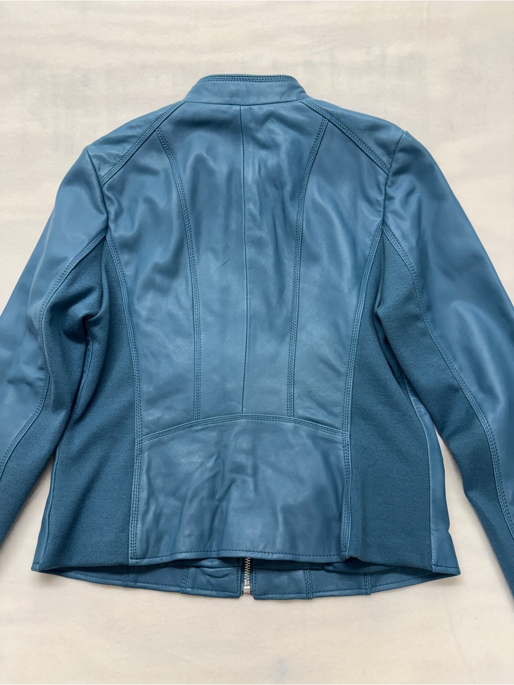 Neiman Marcus Exclusive Women's Blue Leather Zip-Front Jacket - Picture 3 of 14